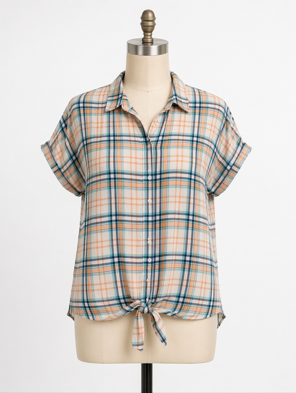 New York Laundry Plaid Button Down Top Orange Teal 2X Tie Front